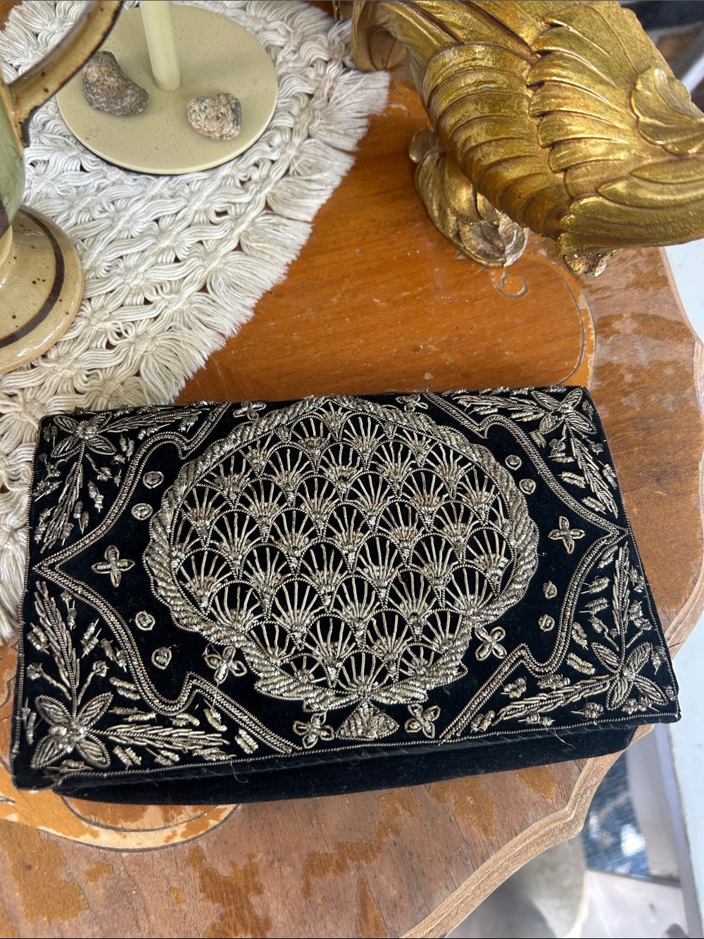 Vintage Black Velvet Zardozi Peacock Clutch